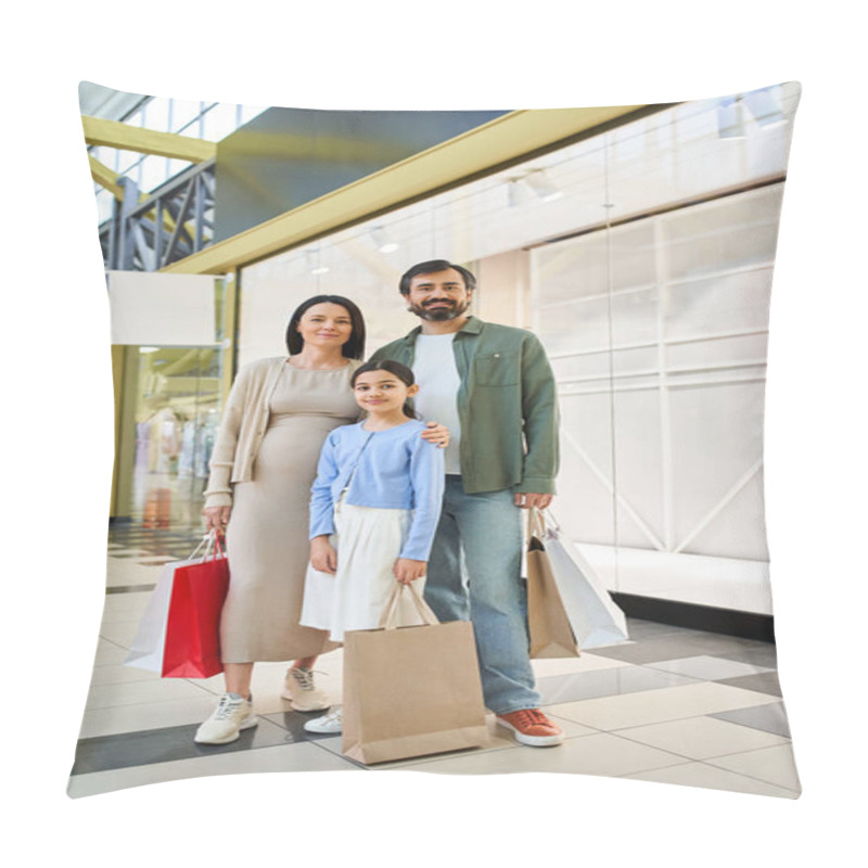 Personality  A Happy Family Stands In A Shopping Mall, Each Holding Multiple Shopping Bags Filled With Purchases From Their Weekend Spree. Pillow Covers