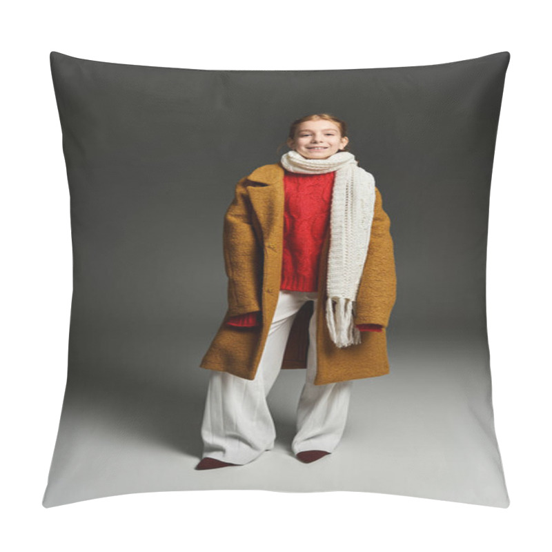 Personality  A Girl Models A Cozy Winter Outfit, Exuding Warmth And Joy In Style. Pillow Covers