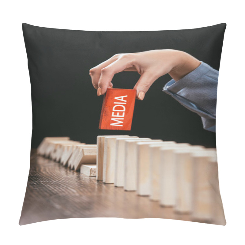 Personality  Partial View Of Woman Picking Red Wooden Brick With Word 'media' From Row Of Blocks On Desk Isolated On Black Pillow Covers