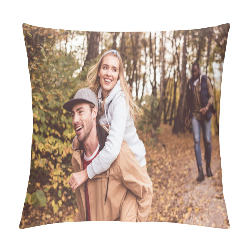 Personality  Happy Young Couple Piggybacking In Forest Pillow Covers