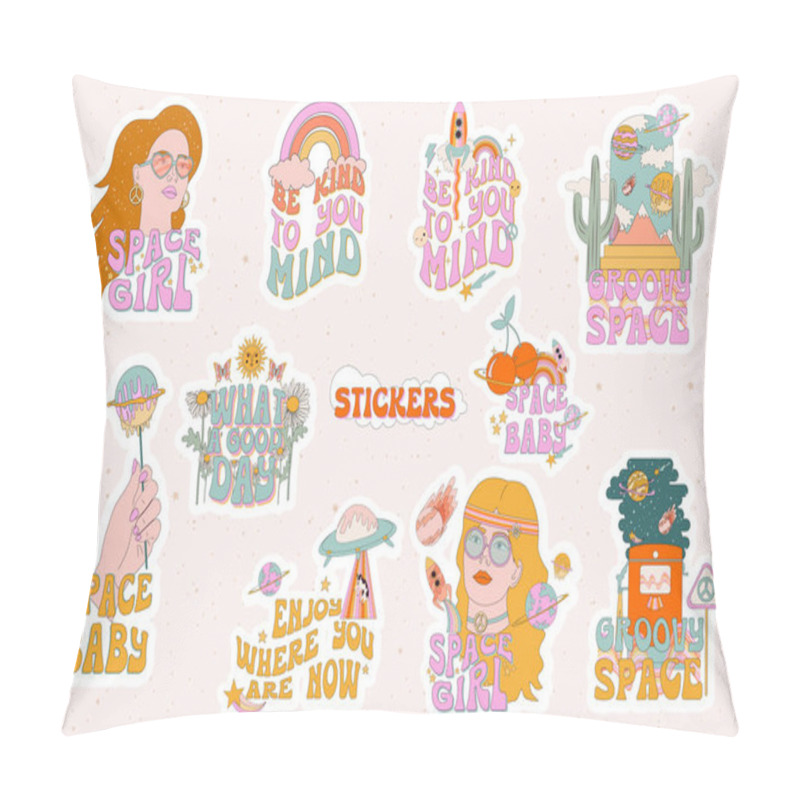 Personality  Collection Of Retro Stickers. Hippie Girls, 70s Elements, Space And Pop Art. Ready Made Label. Editable Vector Illustration Pillow Covers