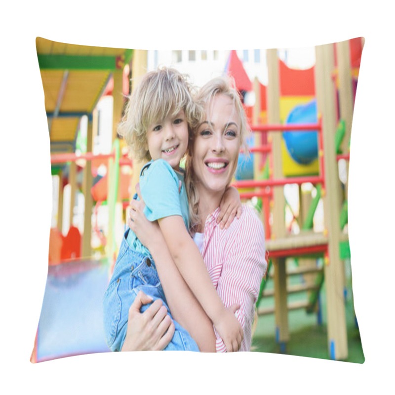 Personality  Selective Focus Of Happy Mother Holding Adorable Little Son On Hands At Playground  Pillow Covers