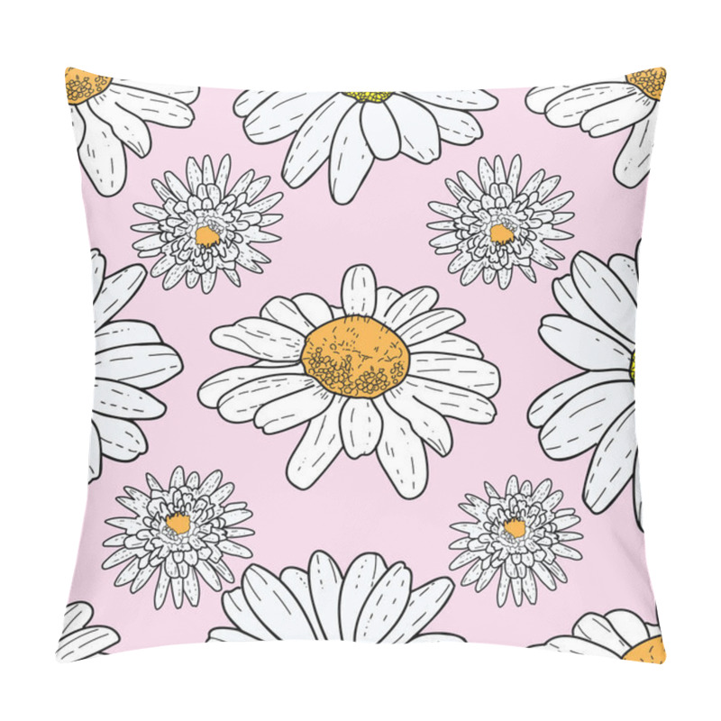 Personality  Vector Pink Background Daisy Flowers And Wild Flowers. Seamless Pattern Background Pillow Covers