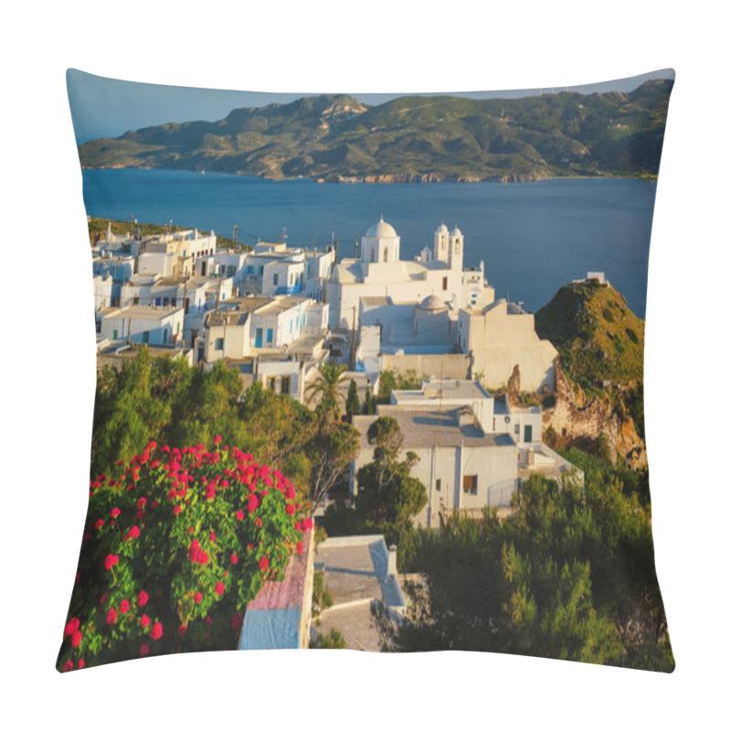 Personality  Picturesque Scenic View Of Greek Town Plaka On Milos Island Over Red Geranium Flowers Pillow Covers