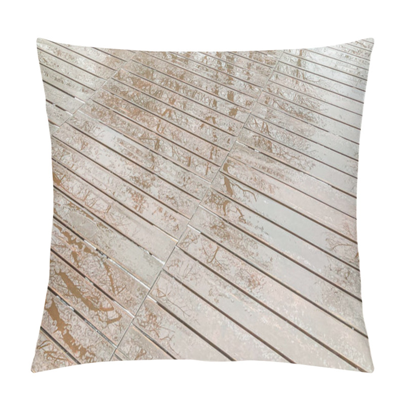 Personality  A Wet Wooden Deck With Grain Patterns, Under Overcast Skies, Surrounded By Greenery And Scattered Small Puddles, Suggesting A Rainy Day Setting Pillow Covers