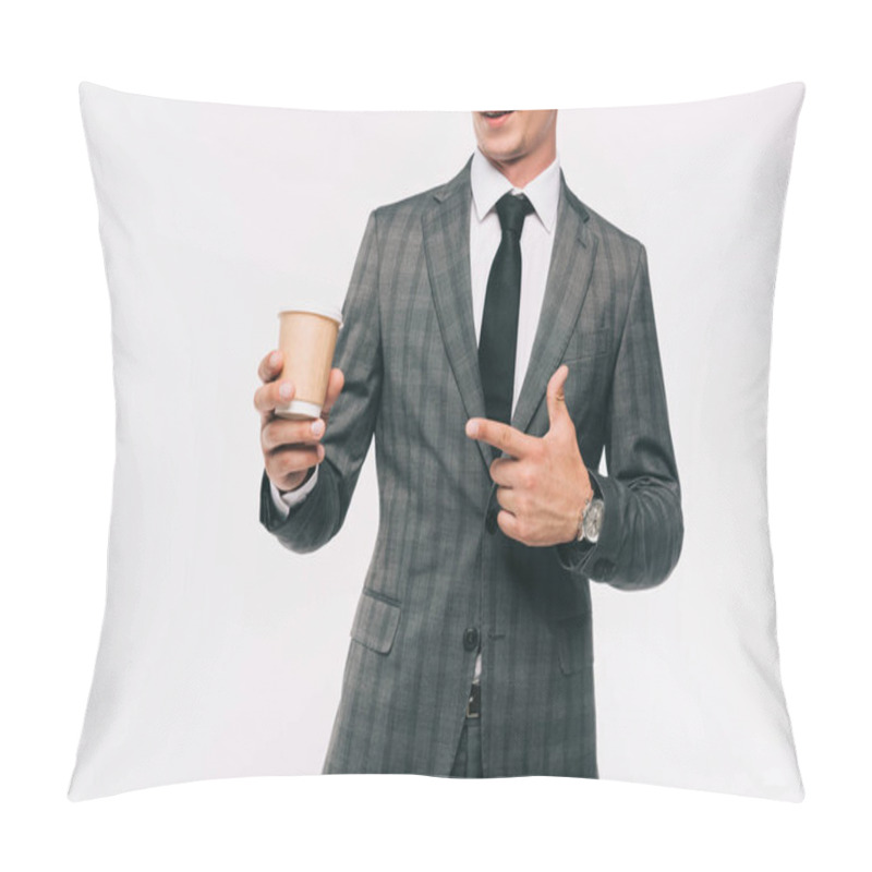 Personality  Cropped Image Of Businessman Pointing On Coffee In Paper Cup Isolated On White Pillow Covers