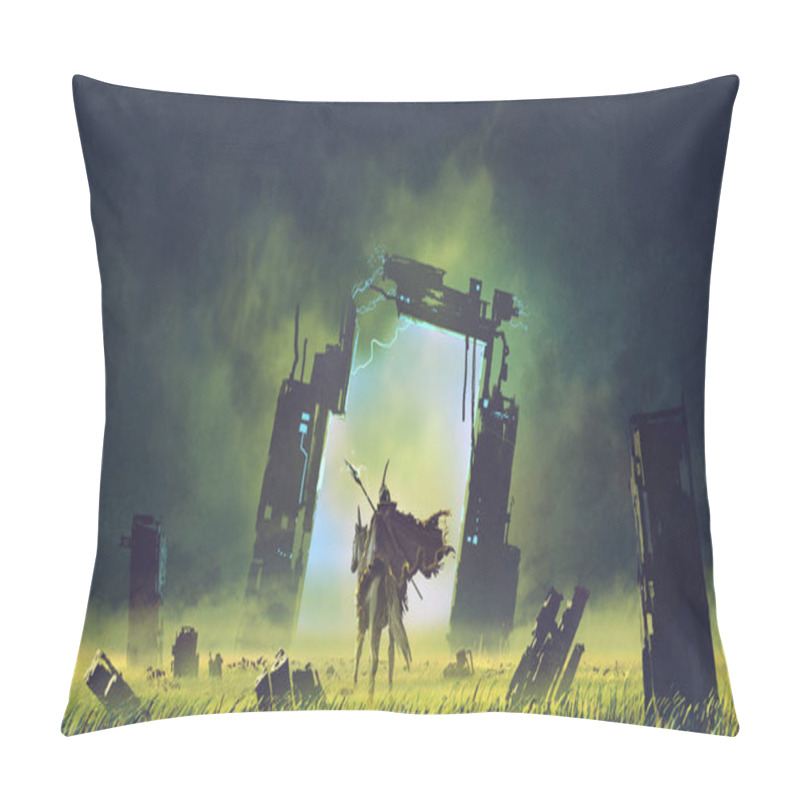 Personality  The Futuristic Knight On A Black Unicorn Entering The Broken Portal To Another World, Digital Art Style, Illustration Painting Pillow Covers