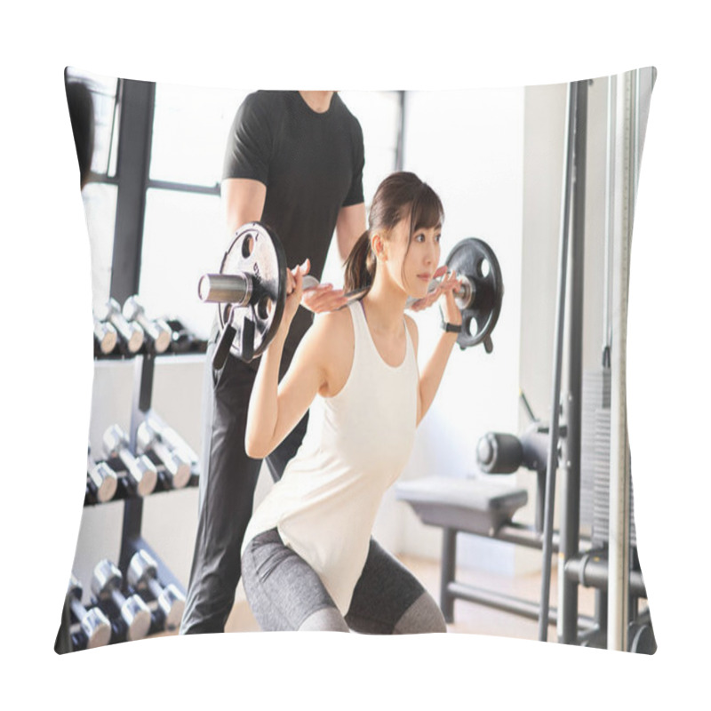 Personality  Asian Woman Doing Barbell Squats With The Assistance Of A Trainer Pillow Covers