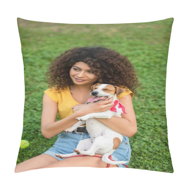 Personality  Selective Focus Of Young Woman Sitting On Grass With Dog And Looking Away Pillow Covers