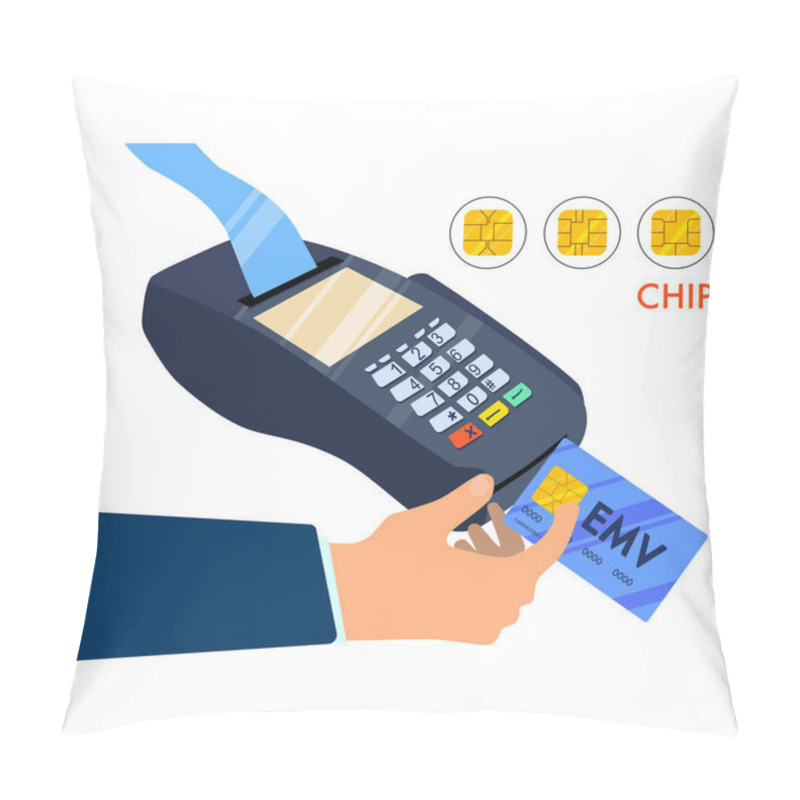 Personality  EMV Payment Method Concept.Hand Using Smart Credit Or Debit Card.Contactless Technology With Different Chips. PINpad Or Digital Signature.POS Terminal With Receipt.Vector Illustration In Flat Style Pillow Covers