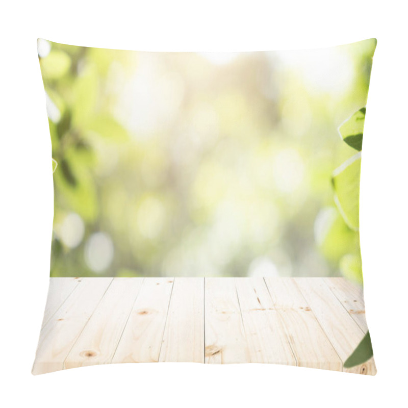 Personality  Empty Table For Present Product With Green Bokeh Out Of Focus Background From Nature Forest. Pillow Covers