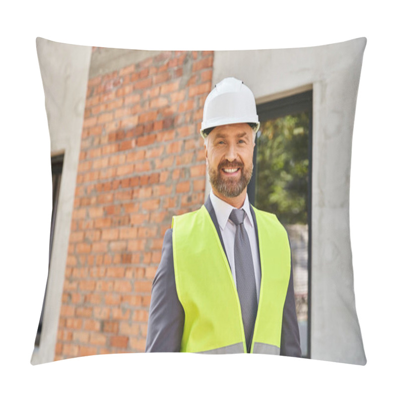 Personality  Cheerful Hardworking Businessman In Safety Helmet Smiling Happily At Camera On Construction Site Pillow Covers