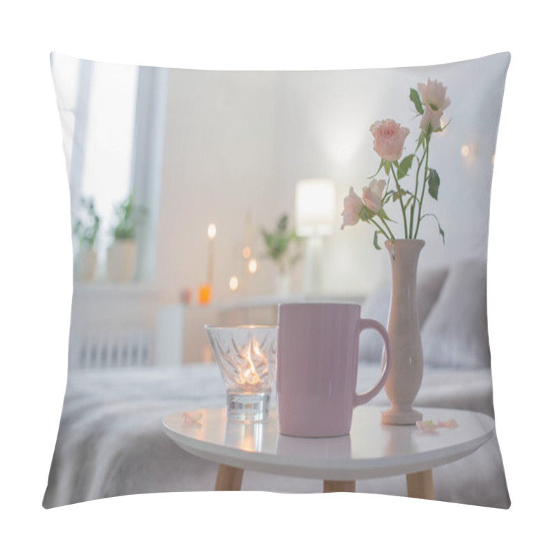 Personality  Pink Cup Of Coffee And  Roses  In Vase On Table In Bedroom Pillow Covers