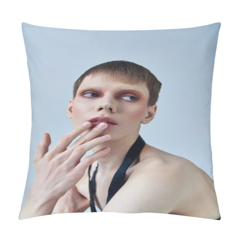 Personality  Queer Model With Makeup Looking Away On Grey Backdrop, Androgynous, Touching Lip, Self Expression Pillow Covers