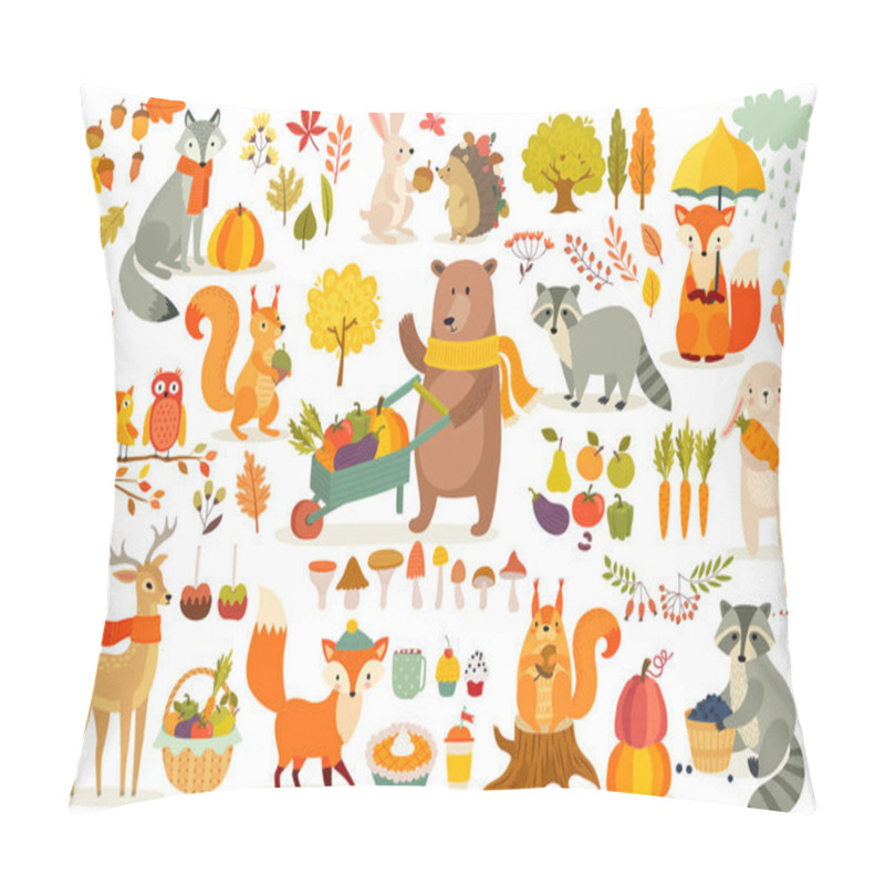 Personality  FAll Theme Set, Forest Animals Hand Drawn Style. Vegetables, Trees, Leaves, Food For Harvest Festival Or Thanksgiving Day. Cute Autumn Charactrs - Bear, Fox, Raccoon, Squirel. Vector Illustration. Pillow Covers