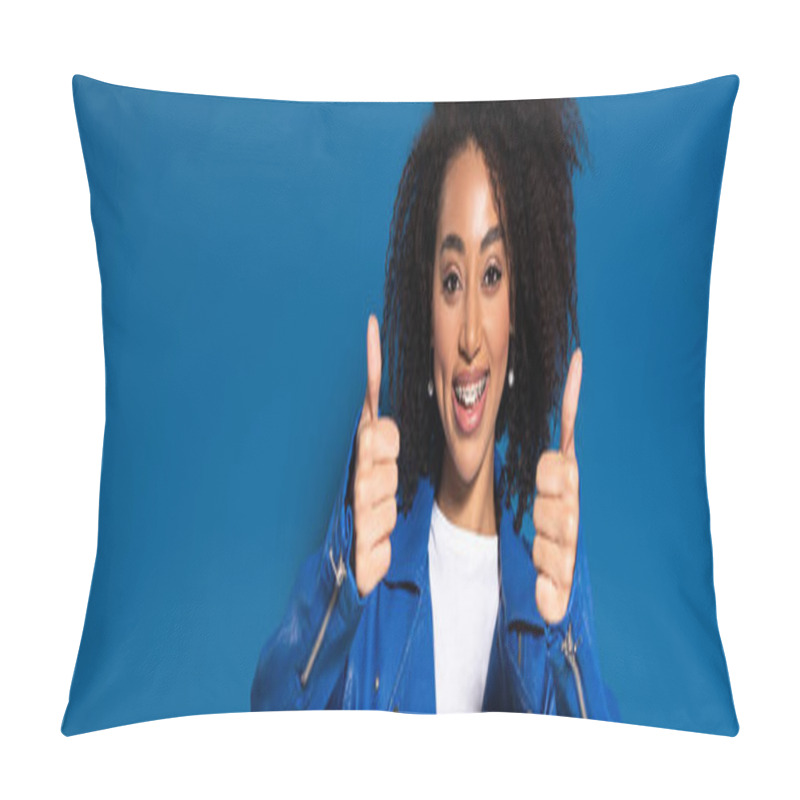 Personality  Smiling African American Woman Showing Thumbs Up On Blue Background, Panoramic Shot Pillow Covers