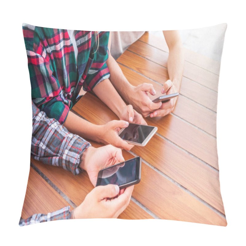 Personality  Cropped Shot Of Young Friends Using Smartphones With Blank Screens Pillow Covers