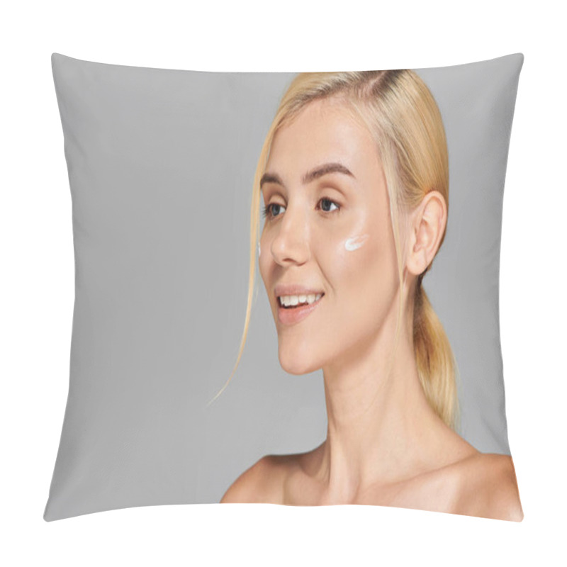 Personality  Profile Attractive Young Woman With Clear Skin And Cream On Her Cheeks Against Grey Background Pillow Covers