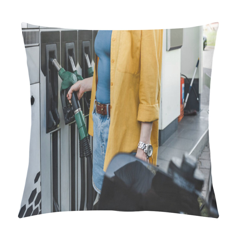 Personality  Cropped View Of Woman Taking Fueling Nozzle Near Auto On Gas Station On Urban Street  Pillow Covers