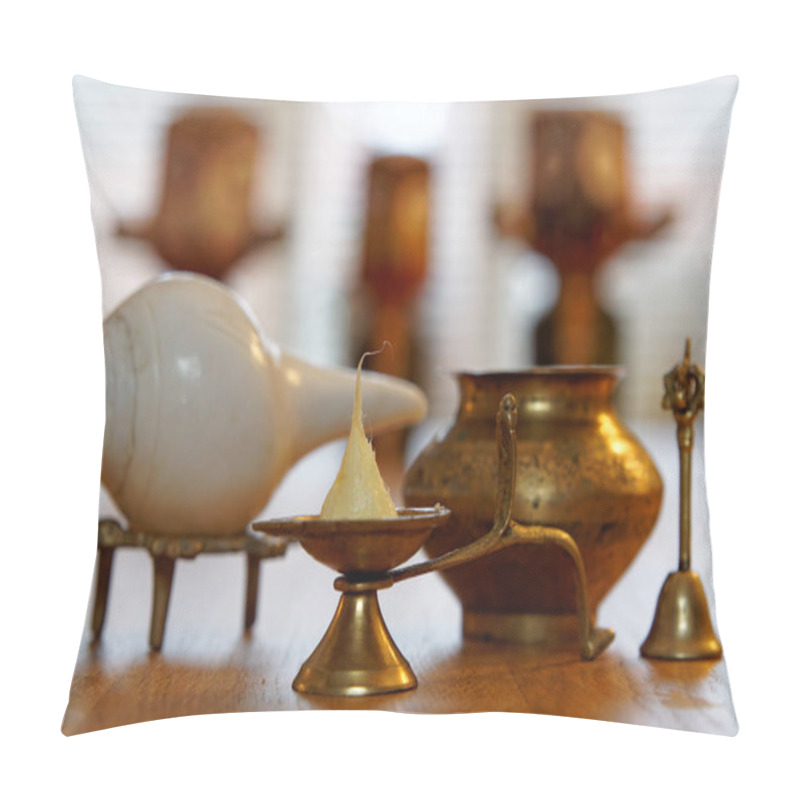 Personality  Ghee Candle, Conch Shell With Brass Bell And Water Pot, Hindu Deity Lord Jagannath In The Blurry Background Pillow Covers