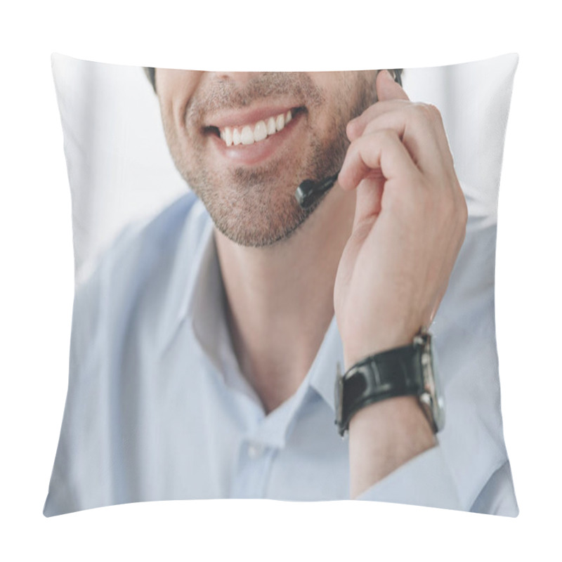 Personality  Cropped Shot Of Smiling Support Hotline Worker Holding Microphone Pillow Covers