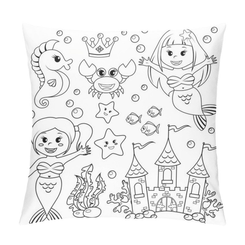 Personality  Mermaid, Underwater Castle And Sea Animals. Fish, Starfish, Seahorse, Crab, Crovn. Black And White Vector Illustration For Coloring Book Pillow Covers