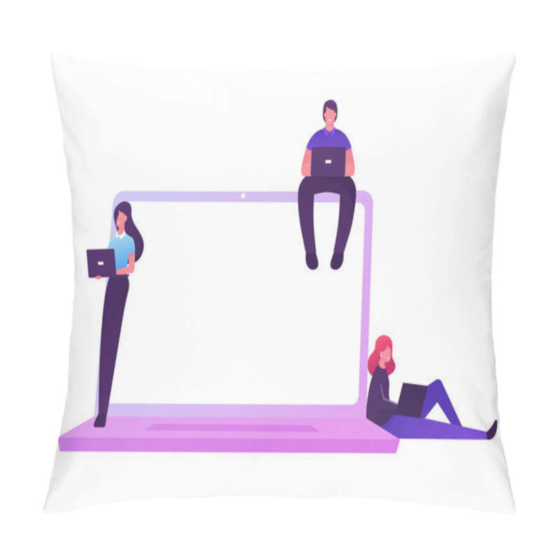 Personality  Nfv Network Function Virtualization, Virtual Machines Technologies Concept. Male And Female People Characters Working On Pc At Huge Laptop Use Virtualized Cloud Computing. Cartoon Vector Illustration Pillow Covers