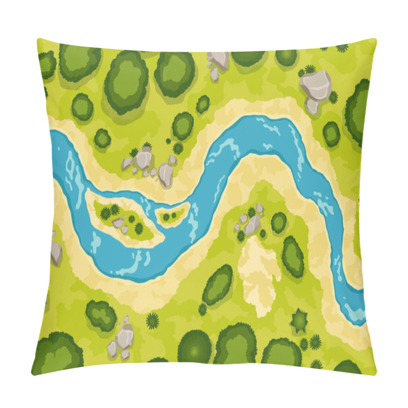 Personality  Top View River Landscape. Summer Beautiful Valley, Scenic Picturesque Natural Stream. River With Trees On Shore. Landscape With Winding River. Vector Illustration. Pillow Covers