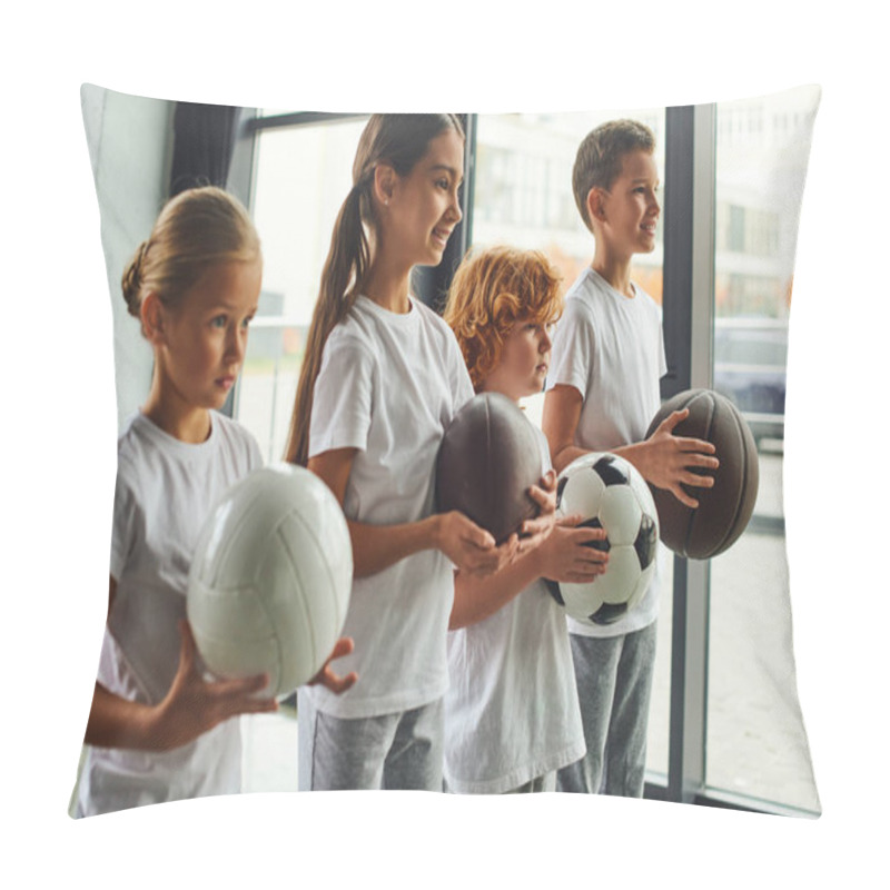 Personality  Four Cute Preadolescent Children With Different Kinds Of Balls Posing In Profile, Child Sport Pillow Covers