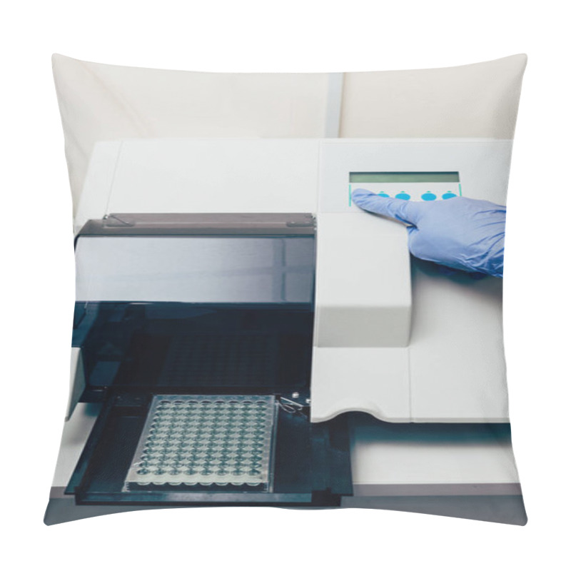 Personality  Cropped Image Of Scientist Using Pcr Cycler In Biotechnology Laboratory  Pillow Covers