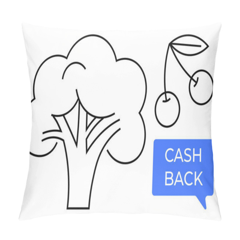 Personality  Broccoli And Cherry Line Drawings Alongside Cash Back Text Bubble. Ideal For Food Nutrition, Healthy Living, Discounts, Finance, Grocery Shopping, Savings, Marketing. Abstract Line Flat Metaphor Pillow Covers