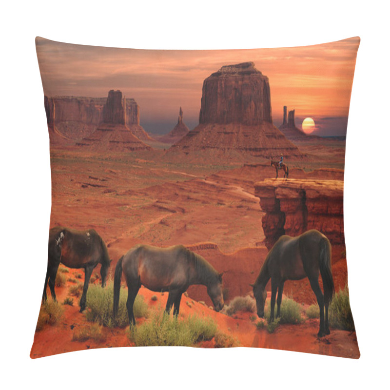 Personality  Horses At John Ford's Point Overlook In Monument Valley Tribal Park, Arizona USA Pillow Covers