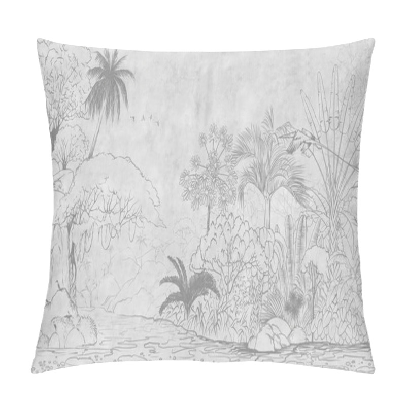 Personality  Tropical Nature Landscape, Jungle With Exotic Tropical Plants, Flowers And Leaves. Drawn Jungle Illustration. Design  For Card, Postcard, Wallpaper, Photo Wallpaper, Mural. Pillow Covers