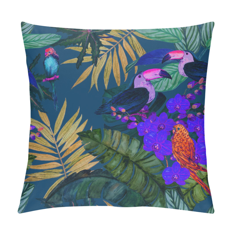 Personality  Watercolor Seamless Pattern With Tropical Flowers, Leaves And Birds. Hawaiian Summer Print. Exotic Jungle Animal Illustration. Pillow Covers