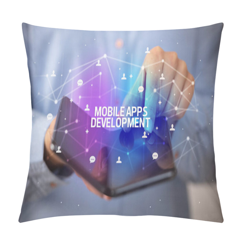 Personality  Businessman Holding A Foldable Smartphone, New Technology Concept Pillow Covers