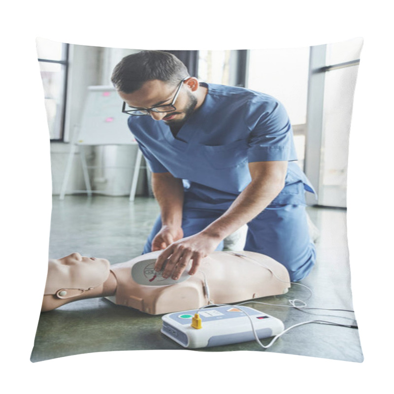 Personality  First Aid Training Seminar, Young Medical Instructor In Uniform And Eyeglasses Applying Defibrillator Pads On CPR Manikin, Cardiac Resuscitation, Health Care And Life-saving Techniques Concept Pillow Covers