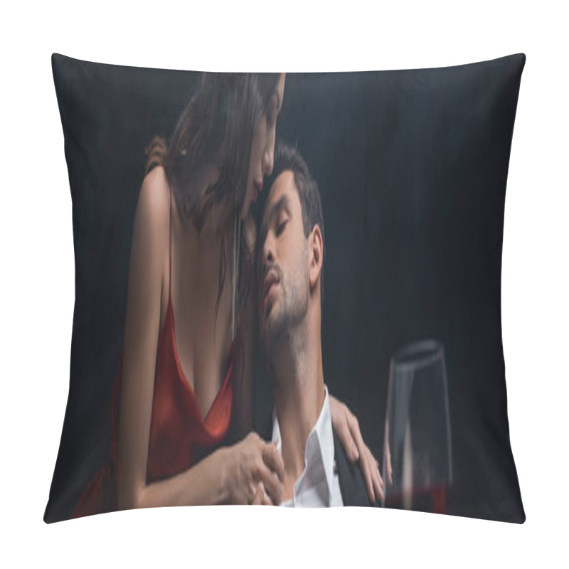 Personality  Panoramic Shot Of Attractive Woman Unbuttoning Shirt Of Boyfriend By Wine Glass Isolated On Black Pillow Covers