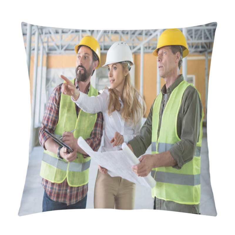 Personality  Builders And Contractor Talking On Construction Site Pillow Covers