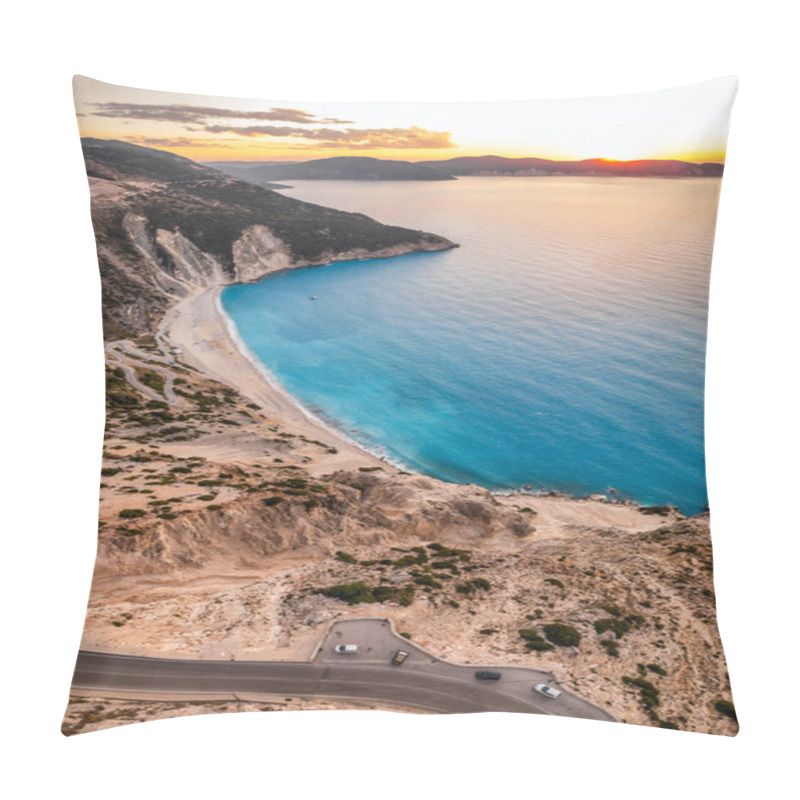 Personality  Sunset Over The Famous Myrtos Beach On Kefalonia Island, Ionian Sea, Greece. Aerial View Of The Popular Myrtos Beach. Pillow Covers