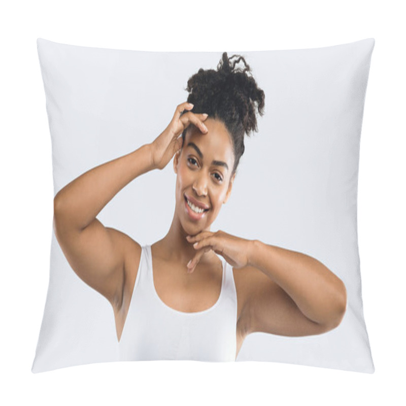 Personality  Pretty Happy Lady Holding Her Hands Up, Showing Hairless Armpits Pillow Covers