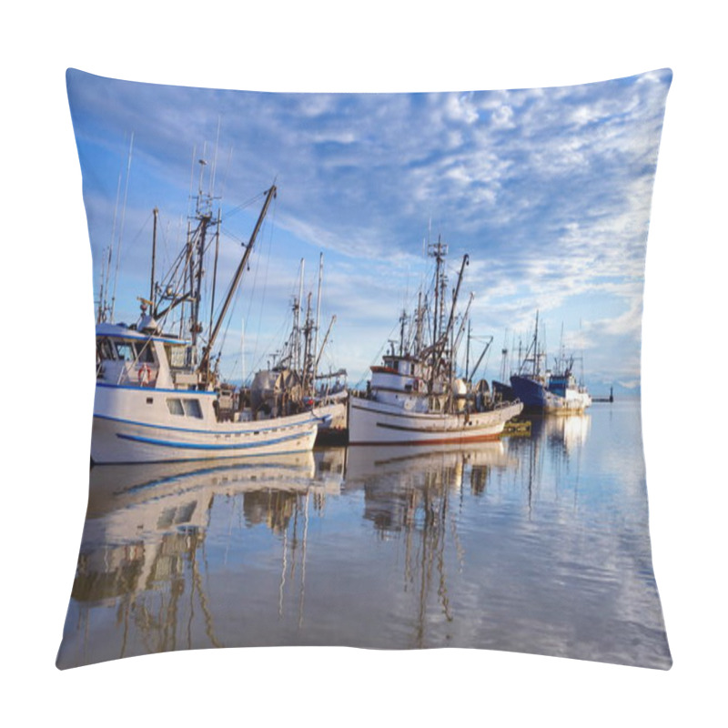 Personality  Fishing Boats In Marina And A Reflection Of A Cloudy Sky In Water Surface. This Marina Is Located In The Stivestone Area Of Richmond. The Fishing Village Formed In This Place Was The First Settlement On The Territory Of  Richmond Pillow Covers