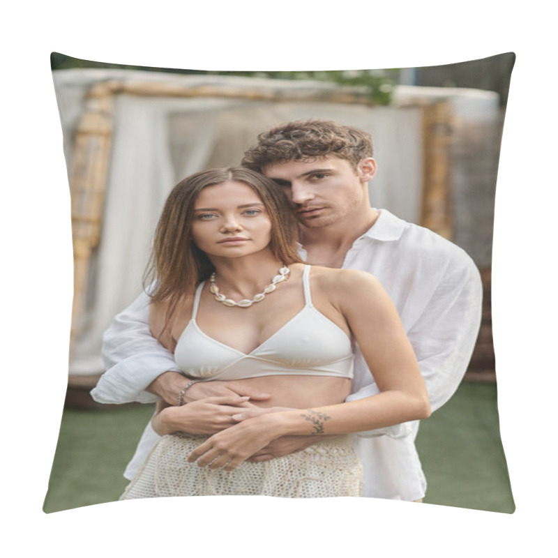 Personality  Handsome Man Hugging Tattooed Woman In Cropped Top And Looking At Camera Together, Outdoor Shot Pillow Covers