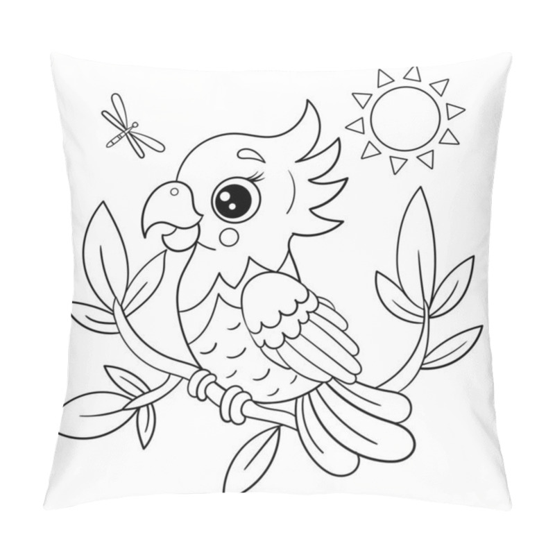 Personality  Cartoon Parrot On A Branch. Black And White Linear Drawing. Theme Of The Tropics, Exotics. For Children's Design Of Coloring Books, Prints, Posters, Stickers, Cards, Puzzles And So On. Vector Pillow Covers