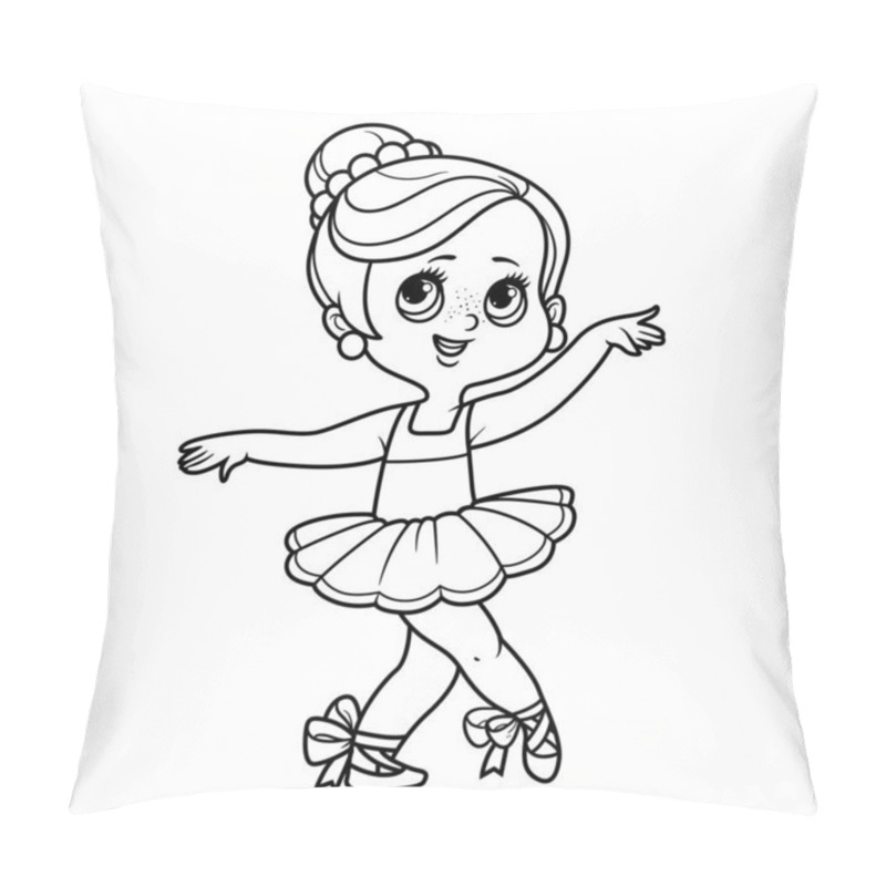 Personality  Cute Cartoon Little Ballerina Girl Dance In Lush Tutu And In In Pointe Outlined For Coloring Isolated On A White Background Pillow Covers