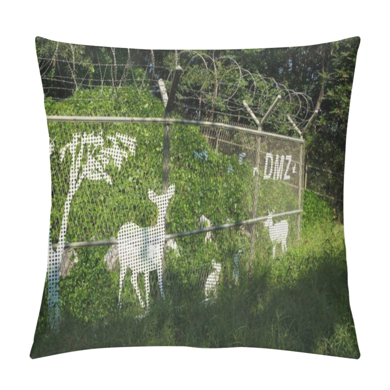 Personality  Fence With Barbed Wire In Green Nature, Trees And Bushes With Painted Deer On The Fence Along The DMZ, The Third Tunnel, South Korea Pillow Covers