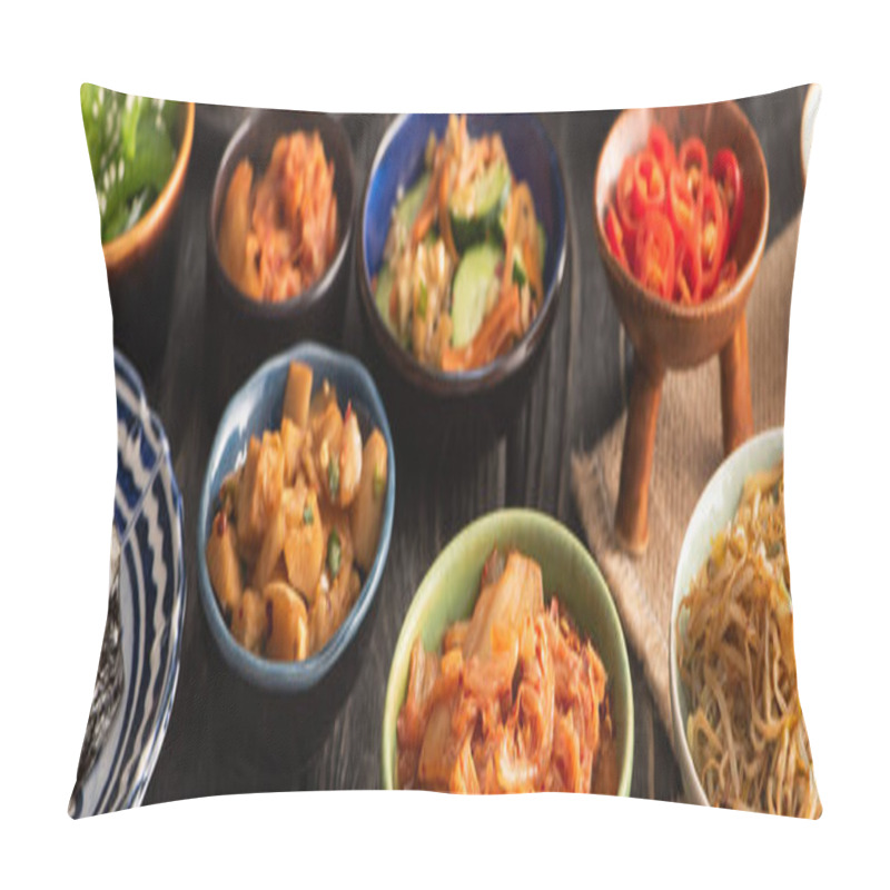 Personality  Horizontal Crop Of Tasty Korean Dishes On Wooden Surface  Pillow Covers