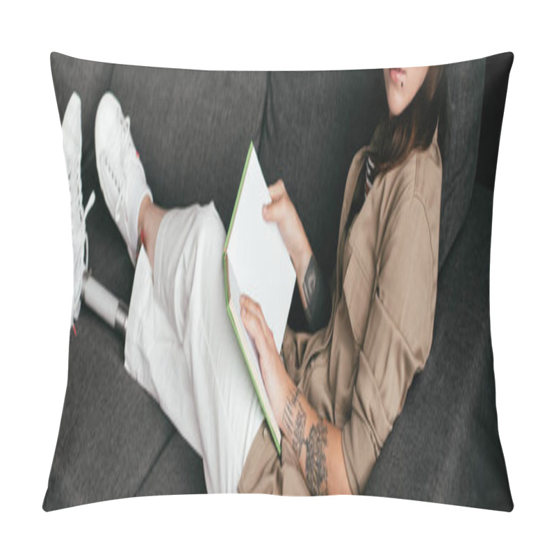 Personality  Cropped View Of Woman With Prosthetic Leg Holding Book On Sofa, Panoramic Shot Pillow Covers