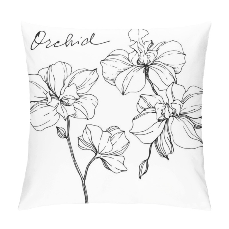 Personality  Vector Monochrome Orchids With Orchid Lettering Isolated On White. Engraved Ink Art. Pillow Covers