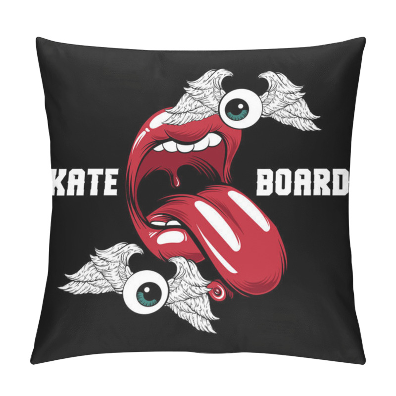 Personality  Skateboard. Vector Placard With Hand Drawn Surreal Illustration Of Open Mouth With Skate. Creative Colorful Sketch. Template For Card, Poster, Banner, Print For T-shirt, Pin, Badge And Patch.  Pillow Covers