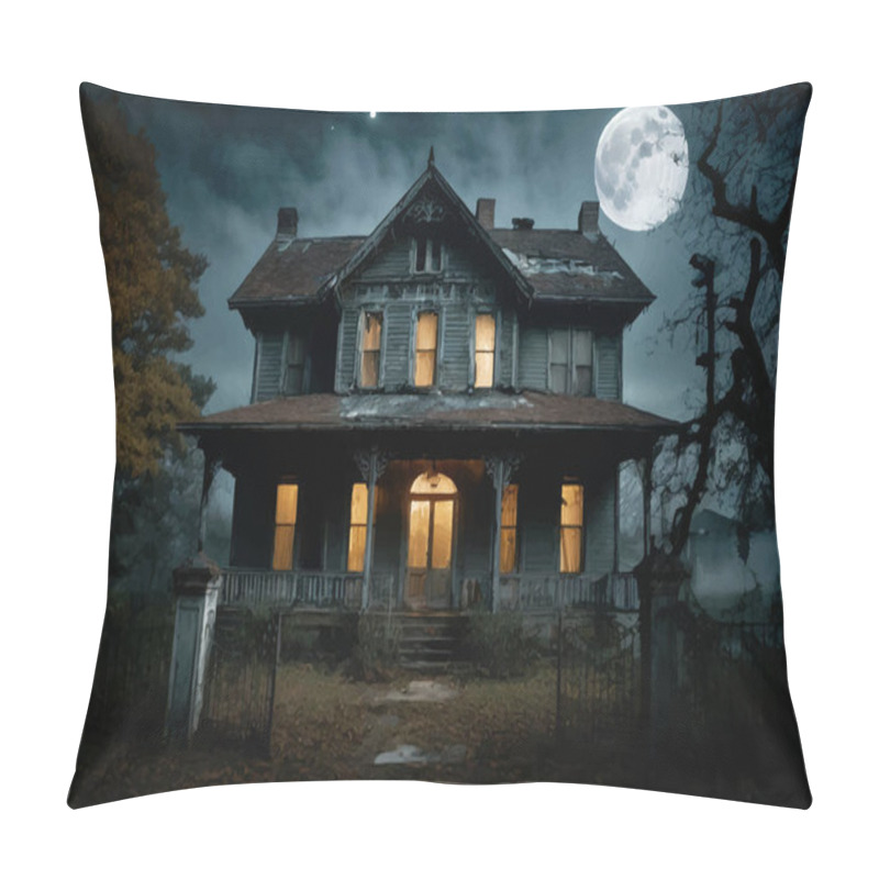 Personality  Halloween Graphics. Creepy Haunted Derelict House At Night With Full Moon Pillow Covers